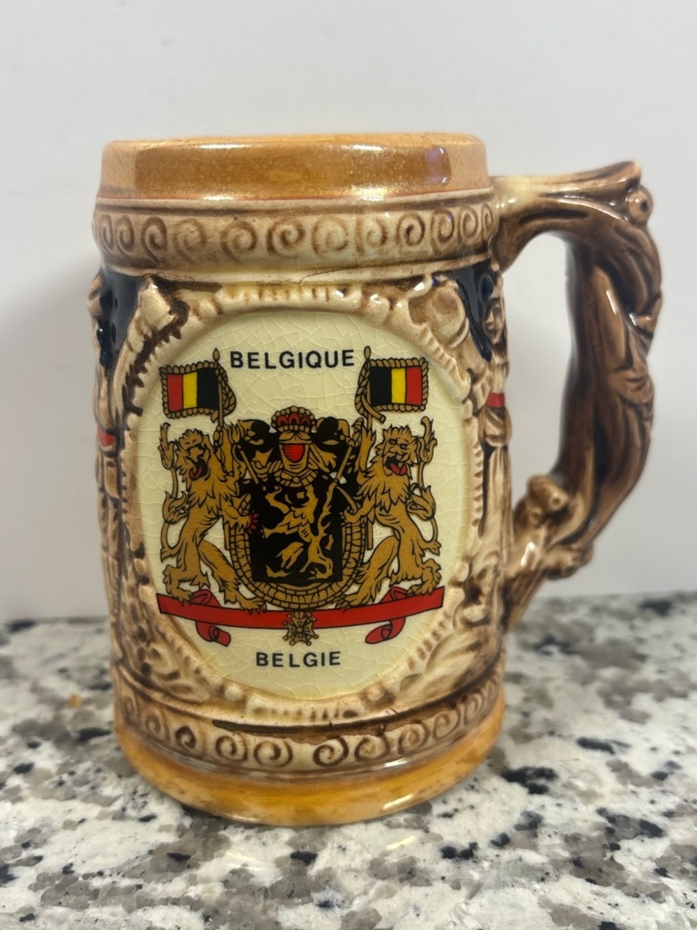 Belgique Ceramic Beer Stein Mug - Tan and Brown